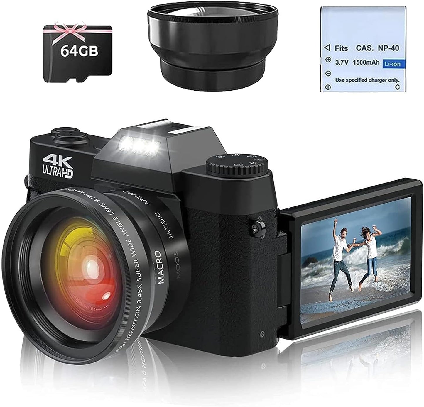 R10 4K Digitalkamera mit 180° Flip 3.0" Bildschirm Kompaktkamera (48 MP, WLAN (Wi-Fi), 16X Digitalzoom Fotokamera mit Weitwinkel+Macro Linse, 64GB TF-Karte)