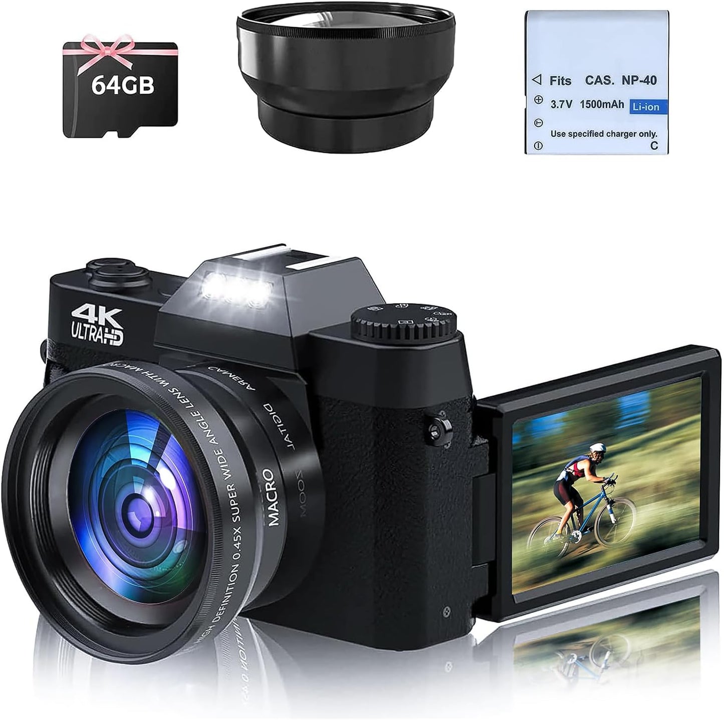 R10 4K Digitalkamera mit 180° Flip 3.0" Bildschirm Kompaktkamera (48 MP, WLAN (Wi-Fi), 16X Digitalzoom Fotokamera mit Weitwinkel+Macro Linse, 64GB TF-Karte)