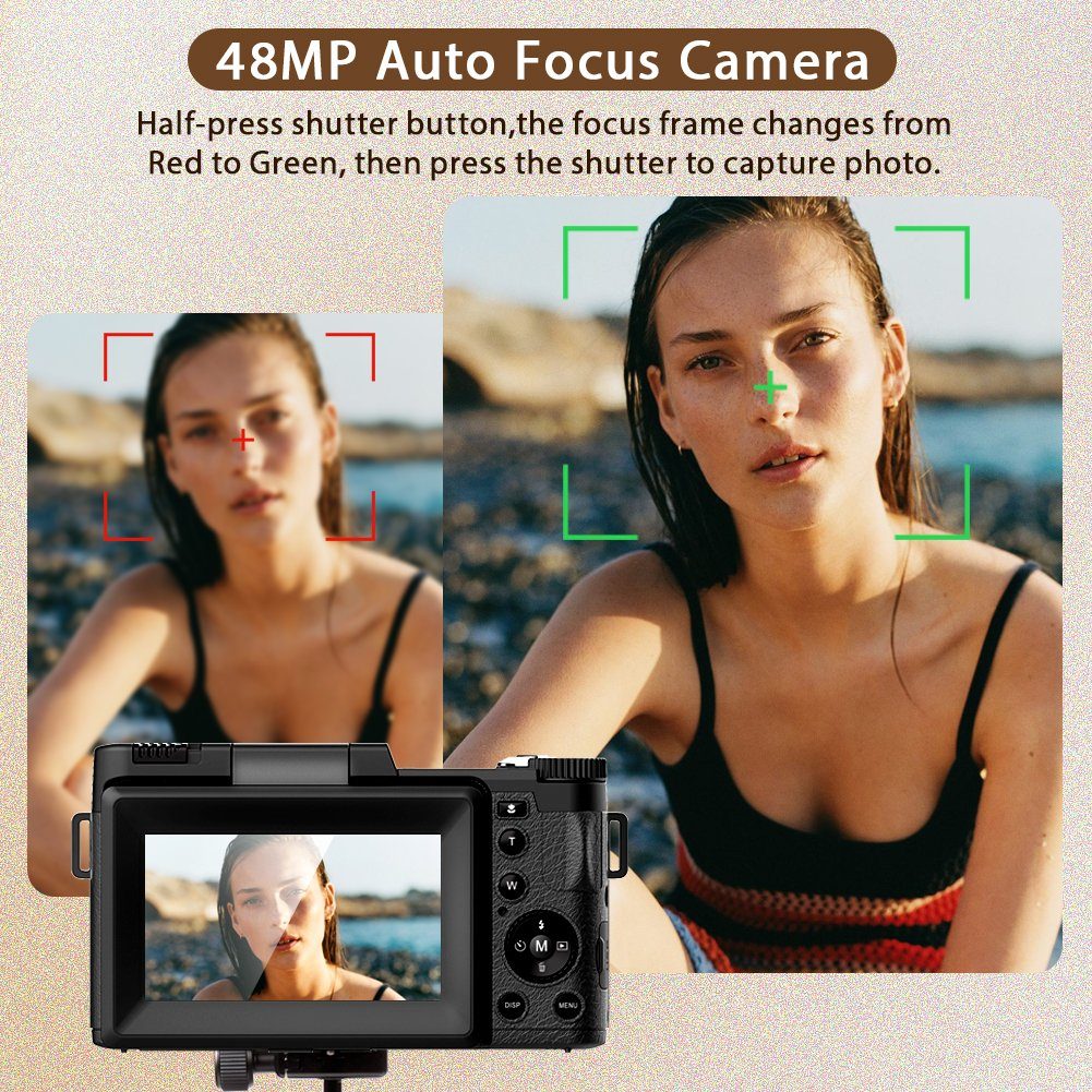 4K Digitalkamera, 48MP Fotokamera mit 3,0 Zoll Bildschirm, Kompaktkamera (5x opt. Zoom, inkl. Weitwinkelobjektiv, 32GB TF-Karte, Autofokus Kompaktkamera, 5X Optischer Zoom und 8X Digitalzoom)
