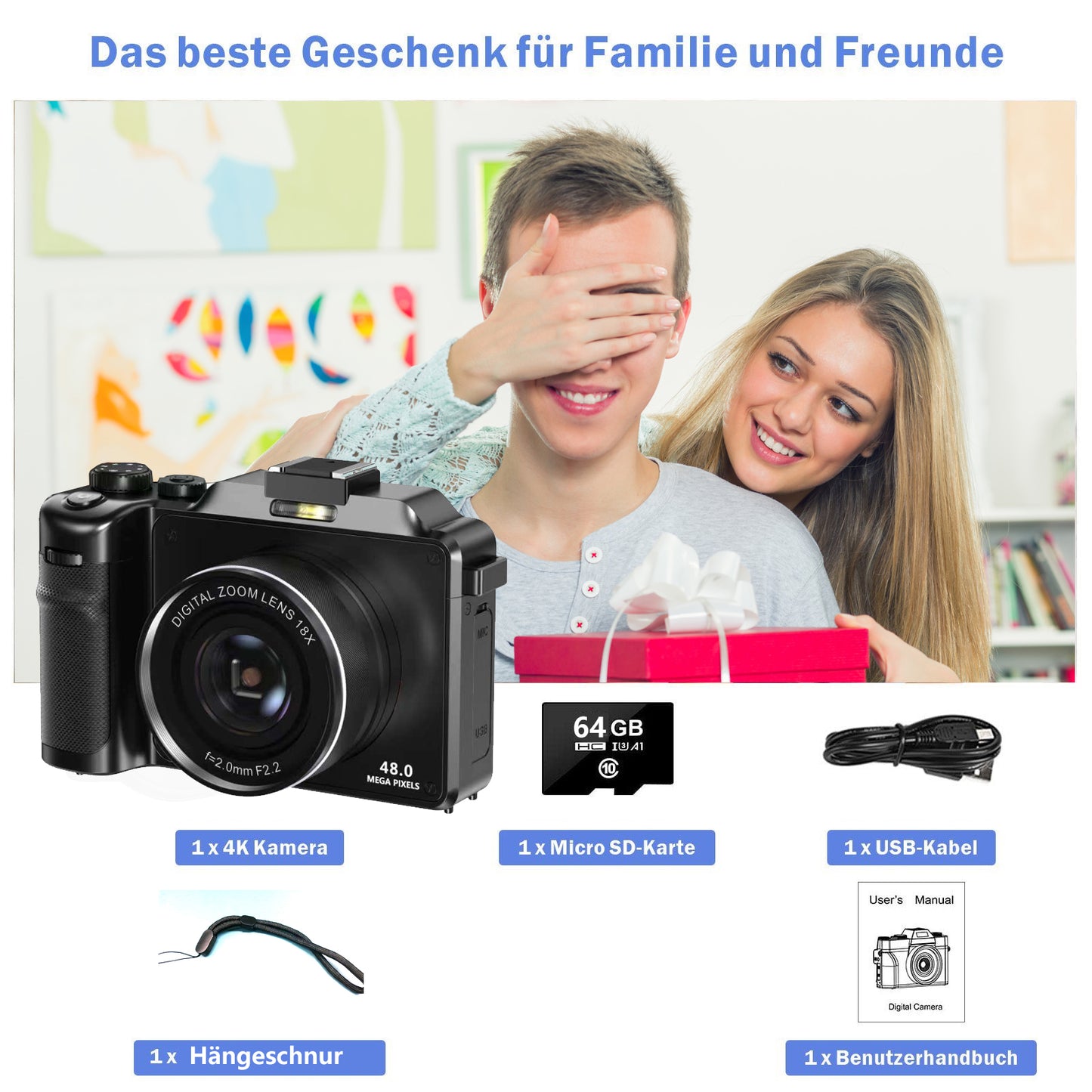 Digitalkamera, 4K 48MP Autofokus Kamera Fotokamera mit 64GB Karte Kompaktkamera (48 MP, WLAN (Wi-Fi), inkl. & WiFi, 3.0'' Bildschirm Vlogging Kamera für YouTube 18x Zoom, mit Blitz Fotoapparat, Kompaktkamera für Teens Anfänger)