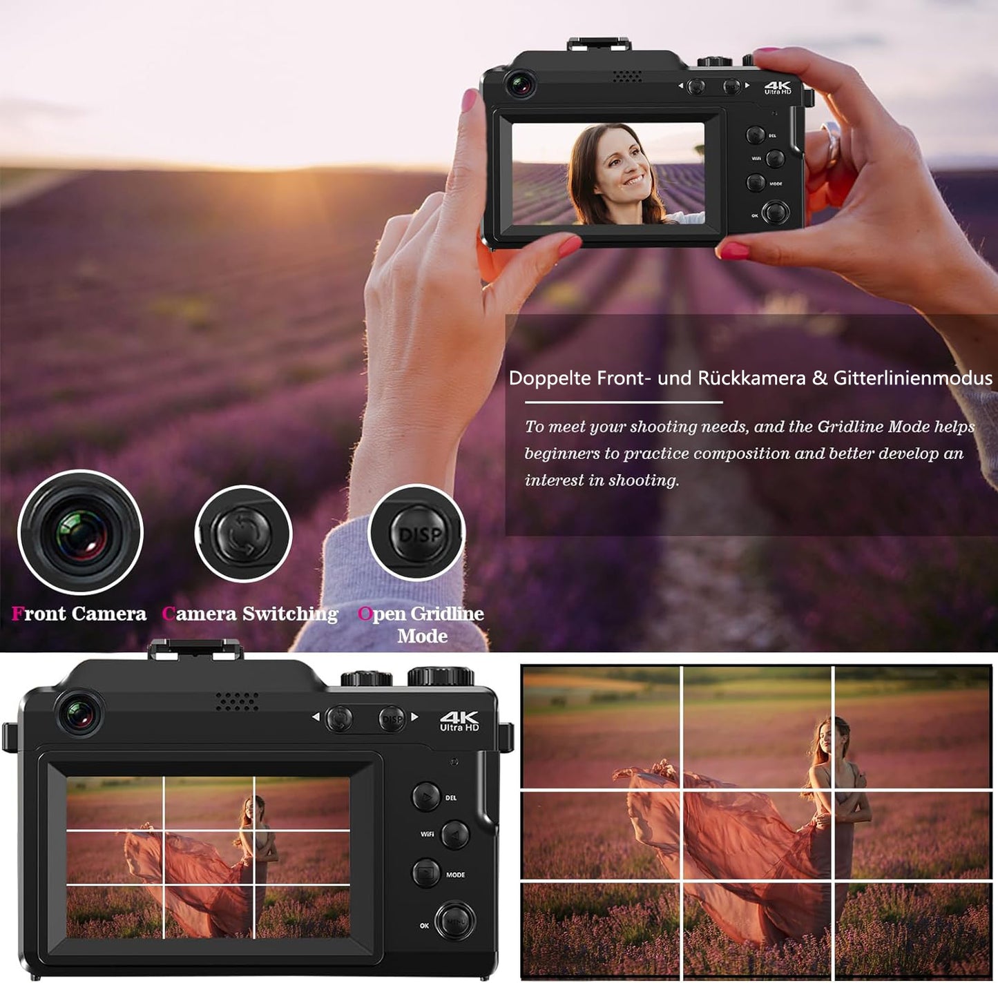 Digitalkamera, 4K 48MP Autofokus Kamera Fotokamera mit 64GB Karte Kompaktkamera (48 MP, WLAN (Wi-Fi), inkl. & WiFi, 3.0'' Bildschirm Vlogging Kamera für YouTube 18x Zoom, mit Blitz Fotoapparat, Kompaktkamera für Teens Anfänger)