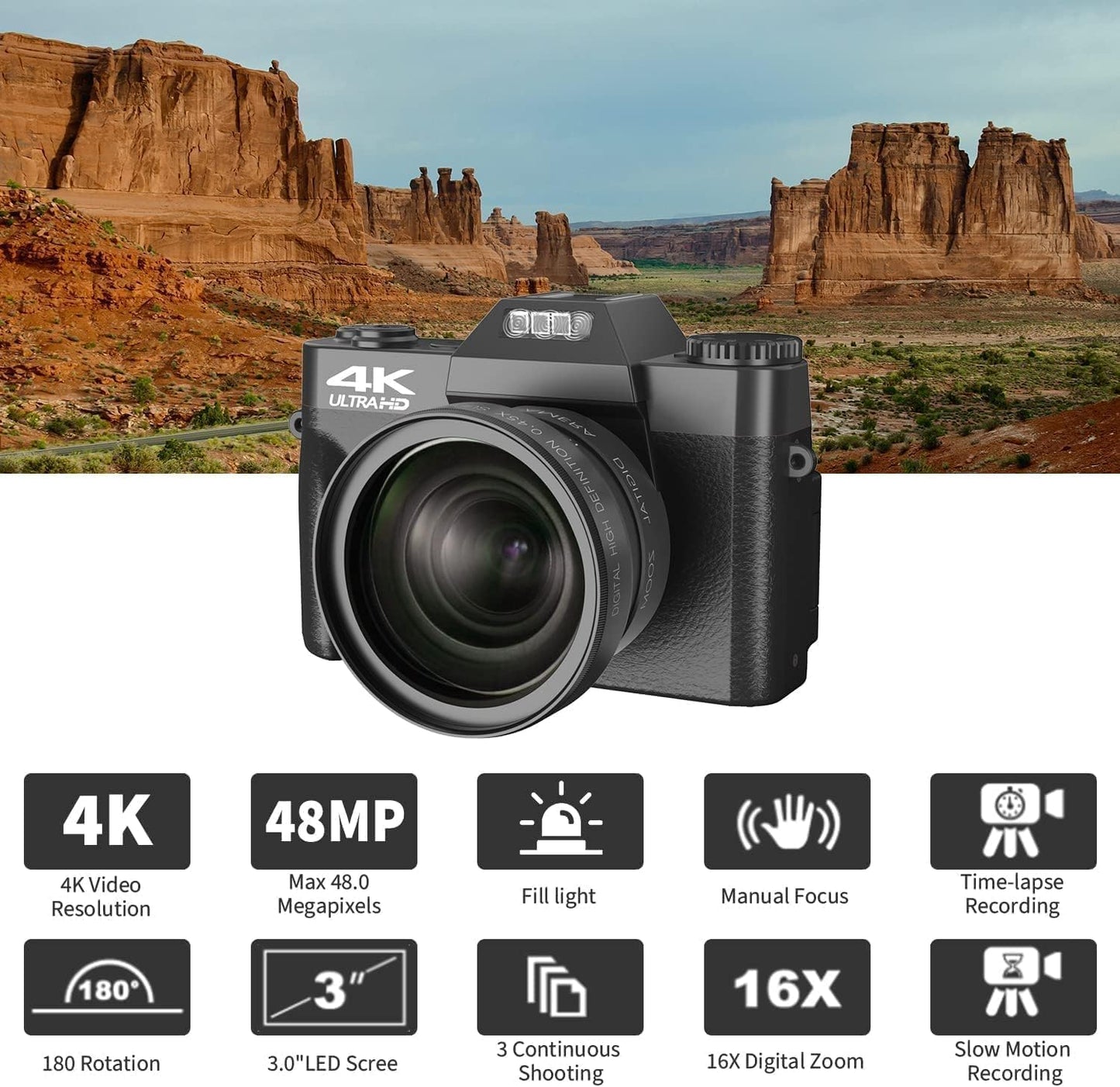 R10 4K Digitalkamera mit 180° Flip 3.0" Bildschirm Kompaktkamera (48 MP, WLAN (Wi-Fi), 16X Digitalzoom Fotokamera mit Weitwinkel+Macro Linse, 64GB TF-Karte)
