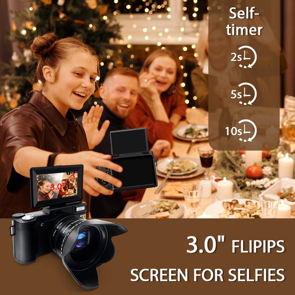 4K Digitalkamera, 48MP Fotokamera mit 3,0 Zoll Bildschirm, Kompaktkamera (5x opt. Zoom, inkl. Weitwinkelobjektiv, 32GB TF-Karte, Autofokus Kompaktkamera, 5X Optischer Zoom und 8X Digitalzoom)