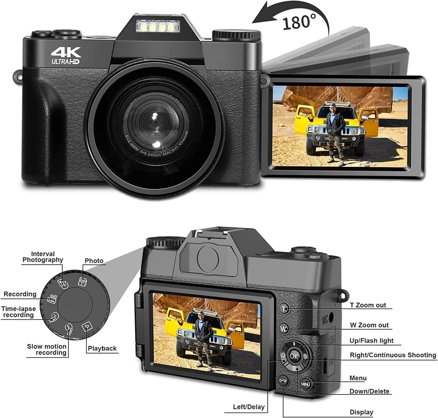 R10 4K Digitalkamera mit 180° Flip 3.0" Bildschirm Kompaktkamera (48 MP, WLAN (Wi-Fi), 16X Digitalzoom Fotokamera mit Weitwinkel+Macro Linse, 64GB TF-Karte)