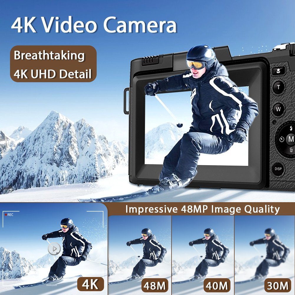 4K Digitalkamera, 48MP Fotokamera mit 3,0 Zoll Bildschirm, Kompaktkamera (5x opt. Zoom, inkl. Weitwinkelobjektiv, 32GB TF-Karte, Autofokus Kompaktkamera, 5X Optischer Zoom und 8X Digitalzoom)