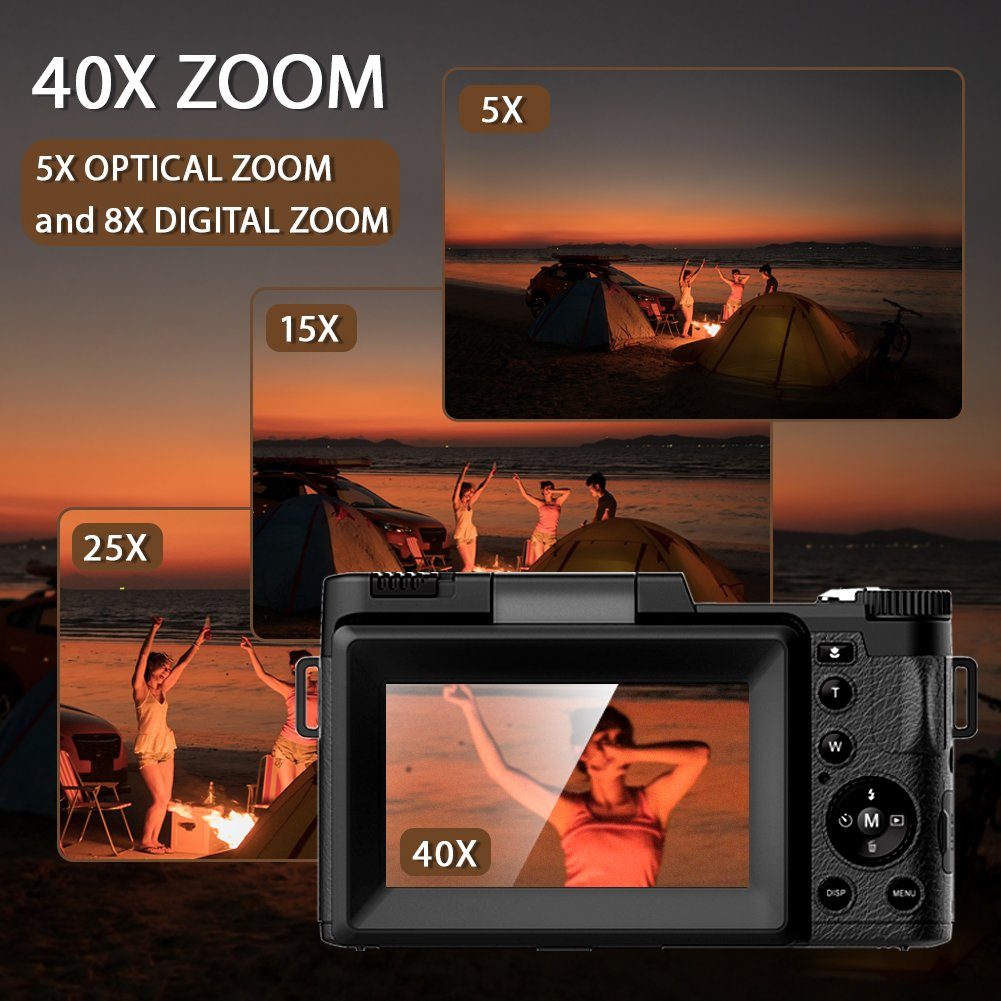 4K Digitalkamera, 48MP Fotokamera mit 3,0 Zoll Bildschirm, Kompaktkamera (5x opt. Zoom, inkl. Weitwinkelobjektiv, 32GB TF-Karte, Autofokus Kompaktkamera, 5X Optischer Zoom und 8X Digitalzoom)