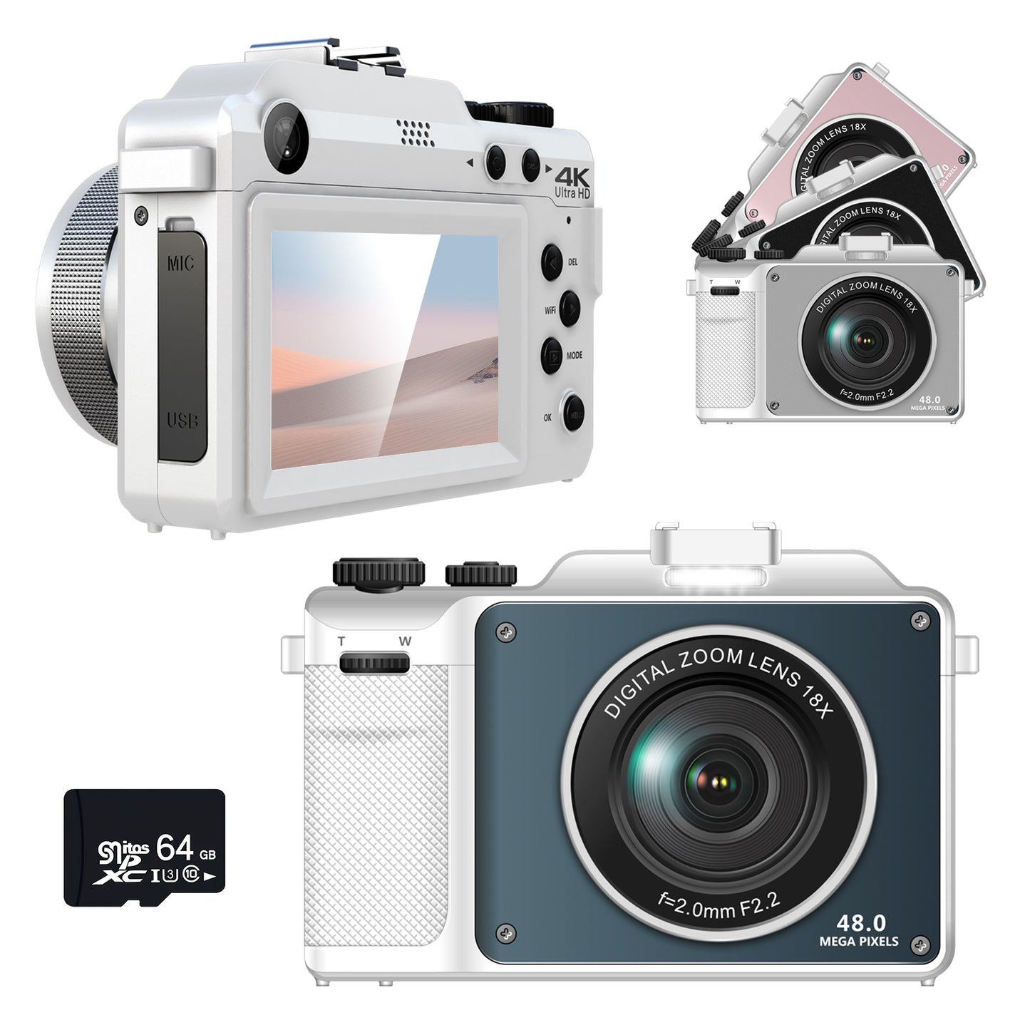4K Digitalkamera, Fotografie, Vlogging! Vollformat-Digitalkamera (inkl. 64GB SD Karte. 48MP Vlogging Kamera für Youtube, Multi-Filter Point and Shoot Kamera, WiFi, Autofokus, 18X Zoom, für Anfänger und Fortgeschrittene, farbiges Frontpanel wechselbar)