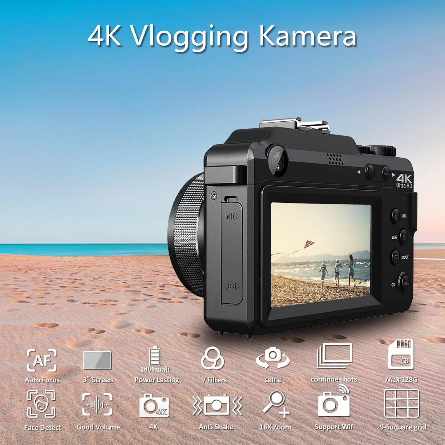 Digitalkamera, 4K 48MP Autofokus Kamera Fotokamera mit 64GB Karte Kompaktkamera (48 MP, WLAN (Wi-Fi), inkl. & WiFi, 3.0'' Bildschirm Vlogging Kamera für YouTube 18x Zoom, mit Blitz Fotoapparat, Kompaktkamera für Teens Anfänger)