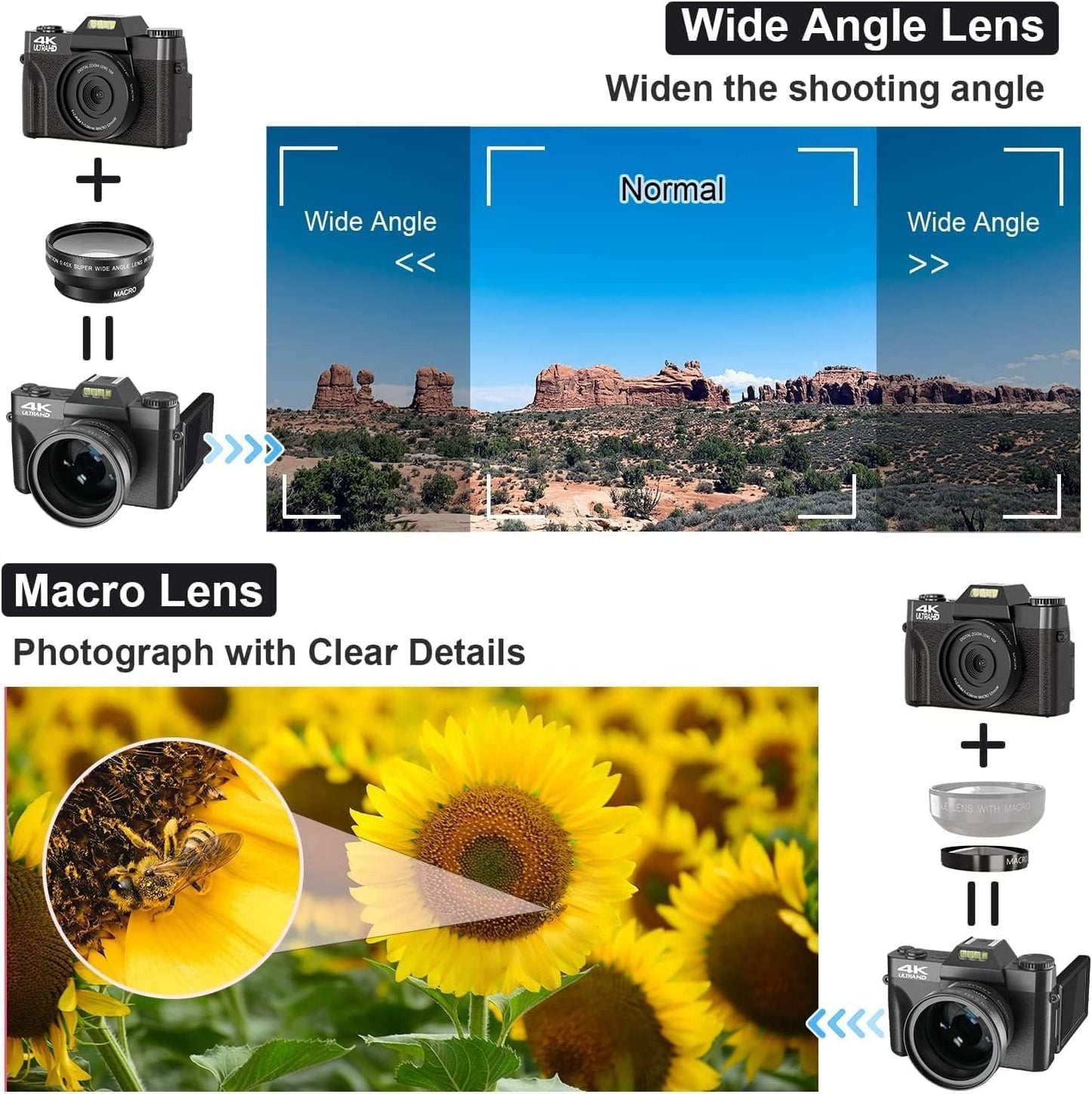 R10 4K Digitalkamera mit 180° Flip 3.0" Bildschirm Kompaktkamera (48 MP, WLAN (Wi-Fi), 16X Digitalzoom Fotokamera mit Weitwinkel+Macro Linse, 64GB TF-Karte)
