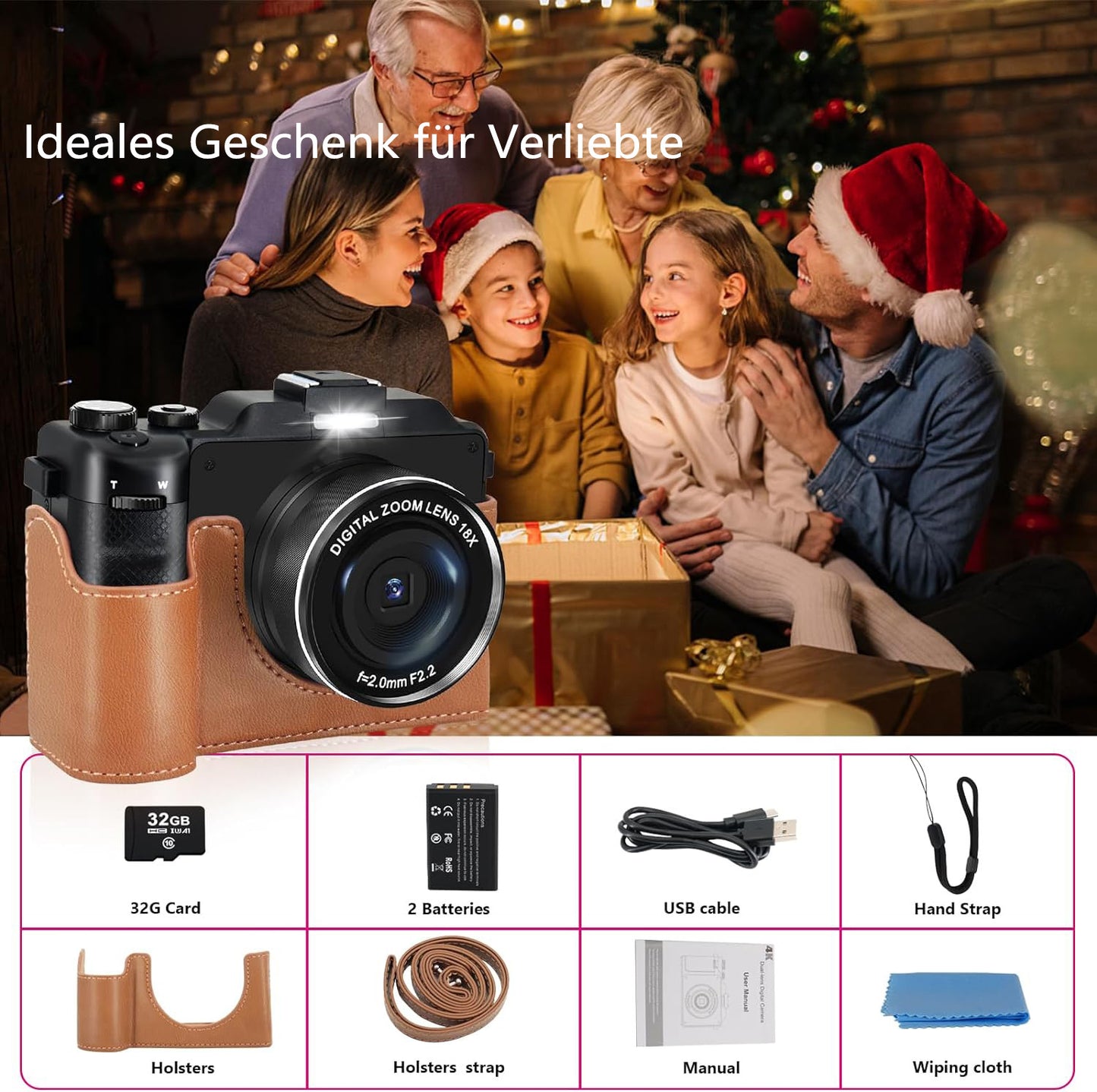 Digitalkamera, 4K 48MP Autofokus Kamera Fotokamera mit 64GB Karte Kompaktkamera (48 MP, WLAN (Wi-Fi), inkl. & WiFi, 3.0'' Bildschirm Vlogging Kamera für YouTube 18x Zoom, mit Blitz Fotoapparat, Kompaktkamera für Teens Anfänger)