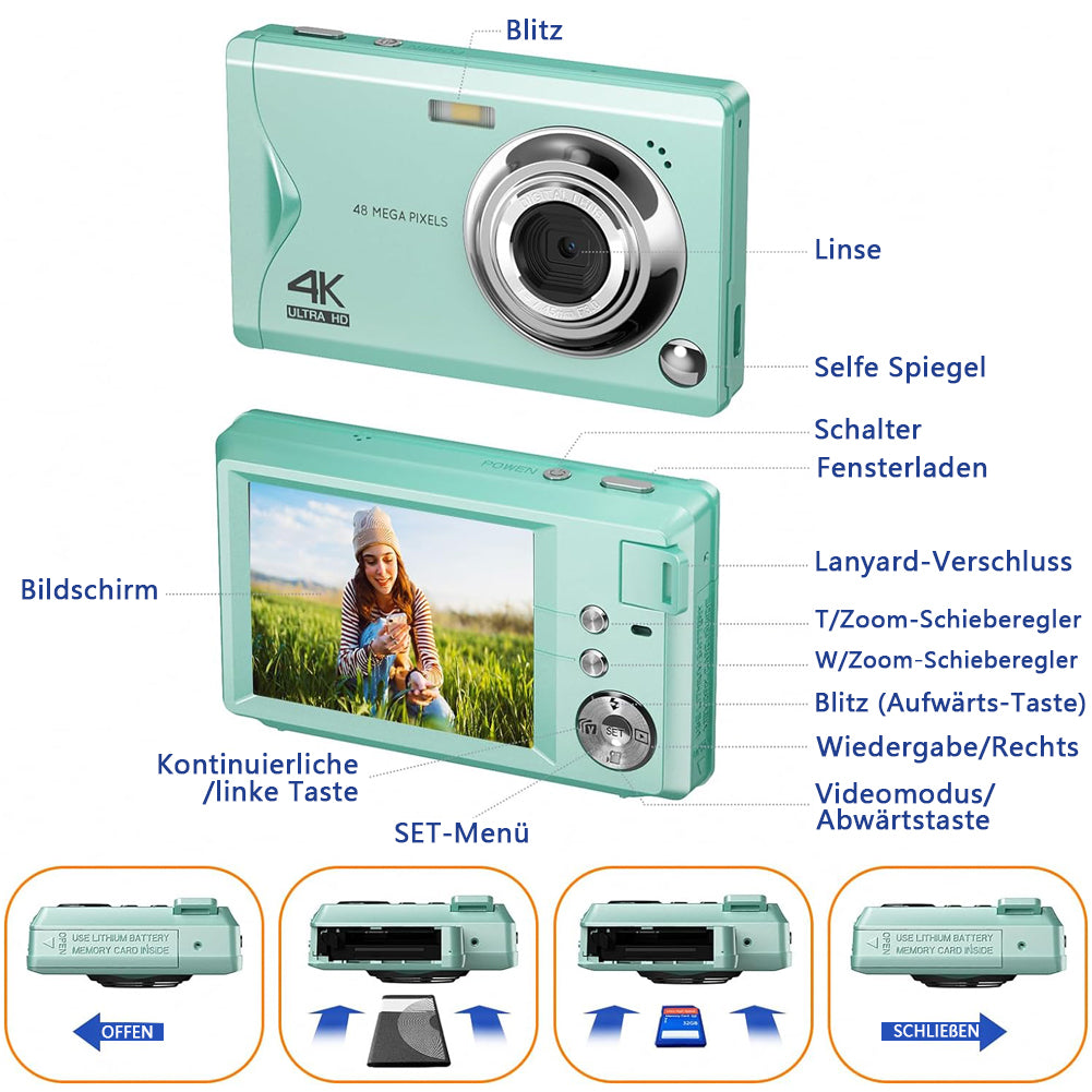 Digitalkamera, 48MP 1080P FHD Fotokamera mit 3,0 Zoll Bildschirm, Kompaktkamera (inkl. 16X Digit