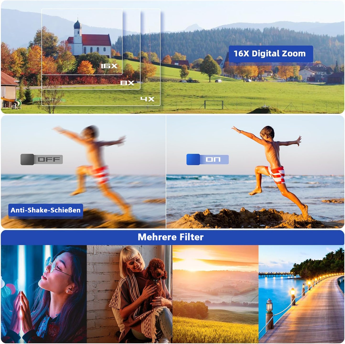 Digitalkamera, 48MP 1080P FHD Fotokamera mit 3,0 Zoll Bildschirm, Kompaktkamera (inkl. 16X Digit