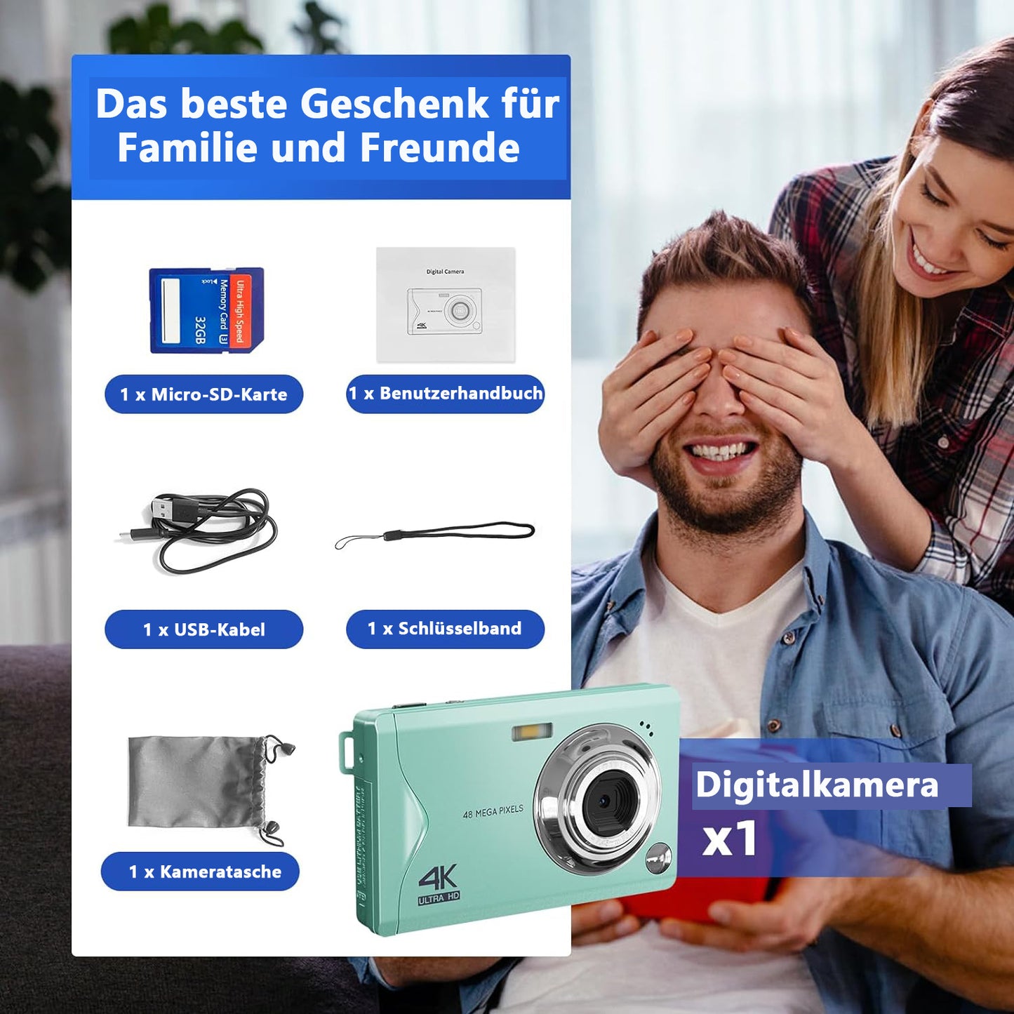 Digitalkamera, 48MP 1080P FHD Fotokamera mit 3,0 Zoll Bildschirm, Kompaktkamera (inkl. 16X Digit