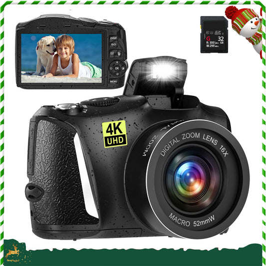 Digitalkamera 4K, 48MP Fotokamera mit 3.0" Bildschirm, 16X Kompaktkamera (48 MP, inkl. Digitalzoom Kompaktkamera, 32GB TF-Karte, Geeignet für Anfänger in der Fotografie, Schwarz)