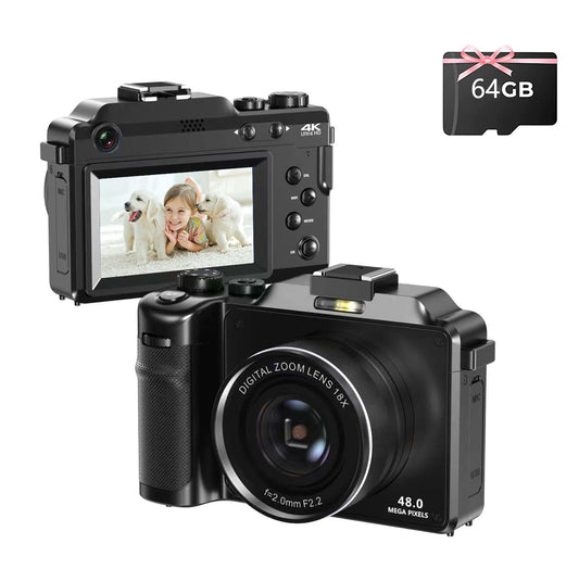 Digitalkamera, 4K 48MP Autofokus Kamera Fotokamera mit 64GB Karte Kompaktkamera (48 MP, WLAN (Wi-Fi), inkl. & WiFi, 3.0'' Bildschirm Vlogging Kamera für YouTube 18x Zoom, mit Blitz Fotoapparat, Kompaktkamera für Teens Anfänger)
