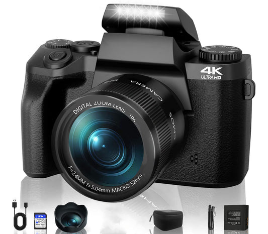 Digitalkamera 4K, 64MP Fotokamera mit 3.0" Touchscreen, 16X Kompaktkamera (64 MP, WLAN (Wi-Fi), inkl. 4K Ultra HD Digitalkamera mit drahtloser Fernbedienung, Digitalzoom Kompaktkamera mit WiFi Funktion, mit Kameratasche, Haube)