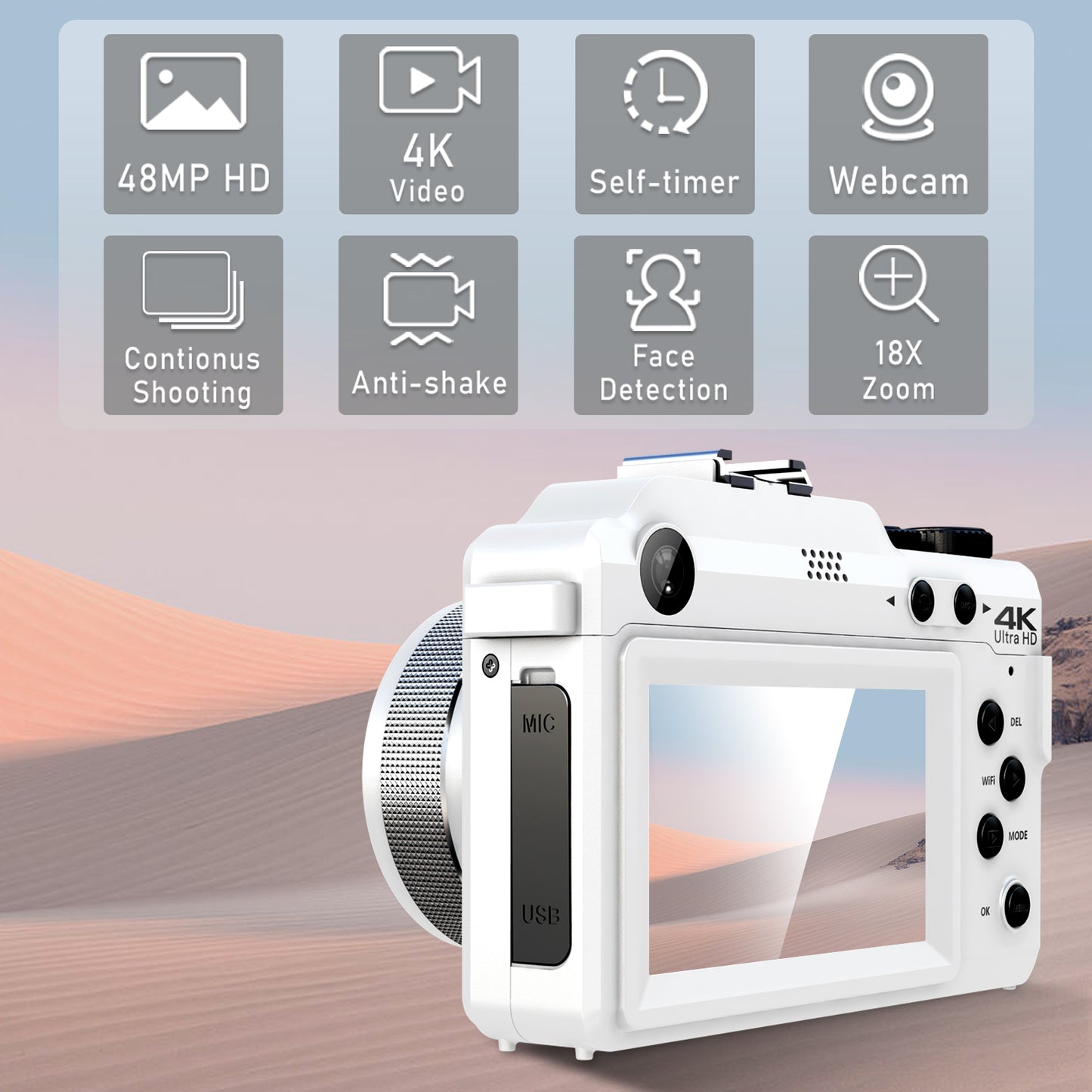 4K Digitalkamera, Fotografie, Vlogging! Vollformat-Digitalkamera (inkl. 64GB SD Karte. 48MP Vlogging Kamera für Youtube, Multi-Filter Point and Shoot Kamera, WiFi,  Autofokus, 18X Zoom, für Anfänger und Fortgeschrittene, farbiges Frontpanel wechselbar)