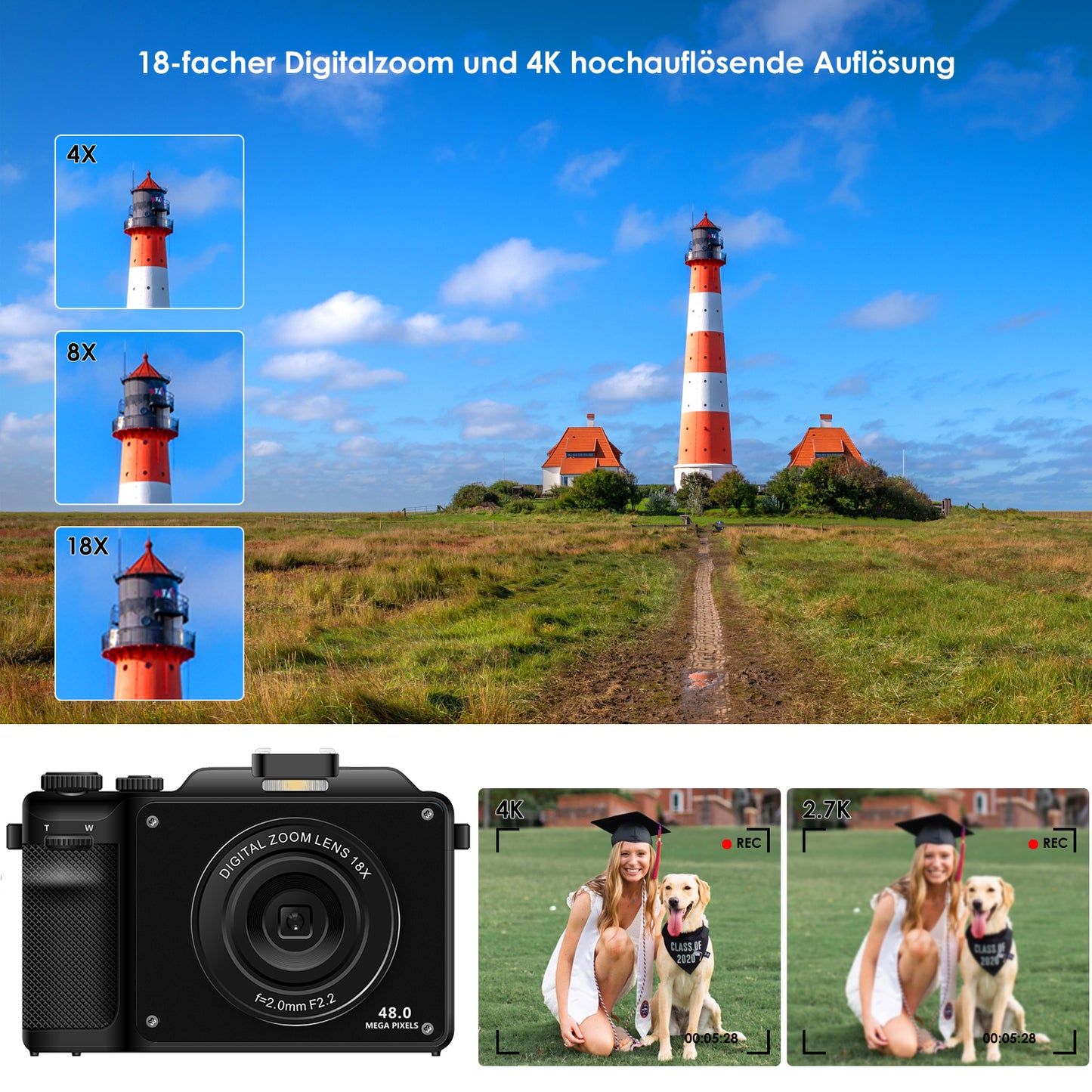 Digitalkamera, 4K 48MP Autofokus Kamera Fotokamera mit 64GB Karte Kompaktkamera (48 MP, WLAN (Wi-Fi), inkl. & WiFi, 3.0'' Bildschirm Vlogging Kamera für YouTube 18x Zoom, mit Blitz Fotoapparat, Kompaktkamera für Teens Anfänger)