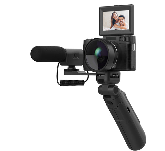 Digitalkamera 4K, 48MP Fotokamera mit 180° Flip 3.0" Bildschirm, 16X Zoom, inkl. 32GB MicroSD Karte (48 MP, Digitalzoom, Kompaktkamera mit Stativ und Mikrofon sowie separater Weitwinkel- und Marcolinse, Stativ/Tripod mit Fernsteuerung)